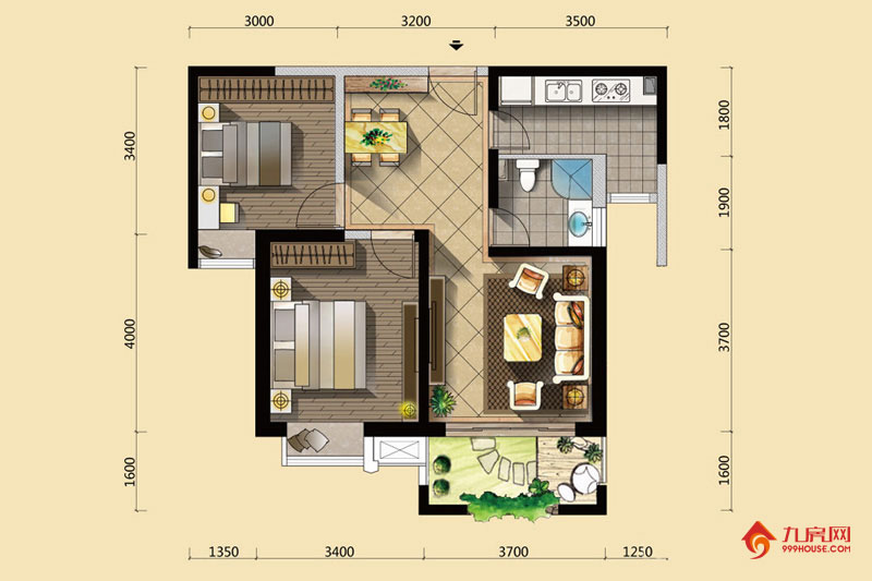 2室2厅1卫约88.00平米