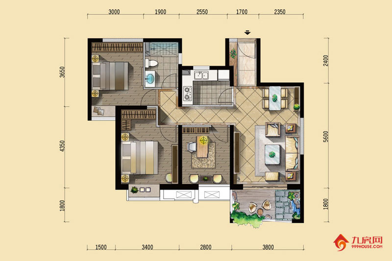 3室2厅1卫约97.00平米
