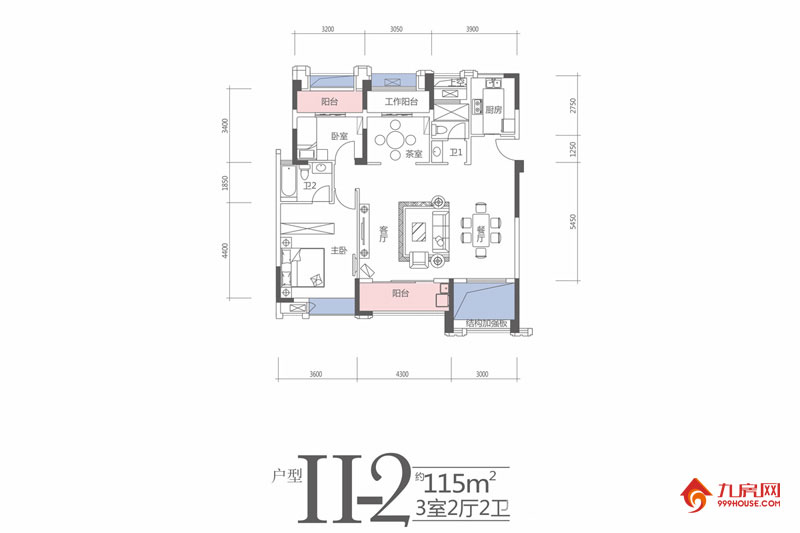 3室2厅2卫约115.00平米