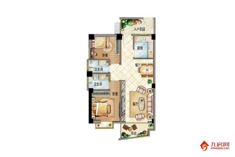 2室2厅2卫约88.56平米