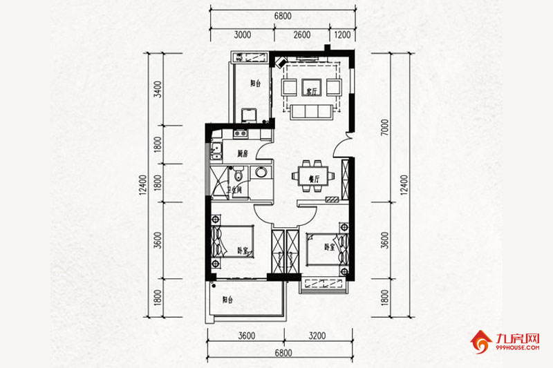 2室1厅1卫约84.00平米