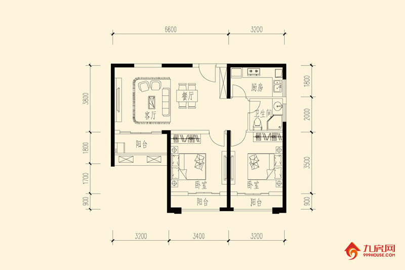 2室2厅1卫约84.00平米