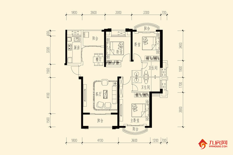 3室2厅2卫约119.00平米