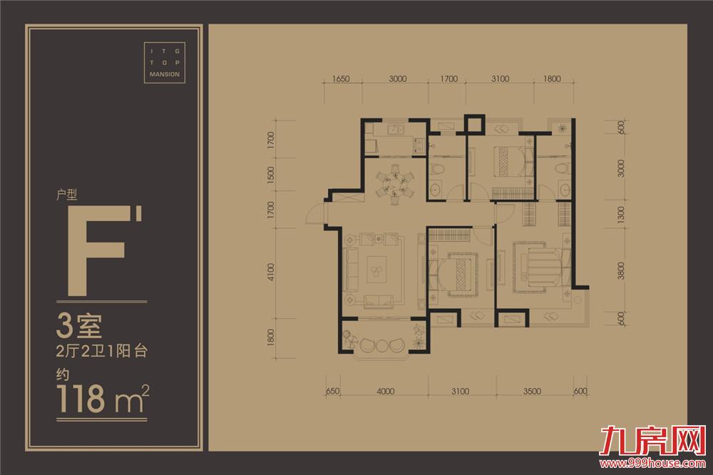 118㎡三室二卫二厅一阳台