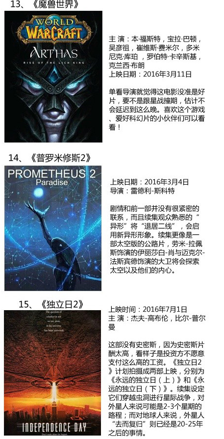 盘点2016年上映的33部电影大片 有你的菜没——九房网