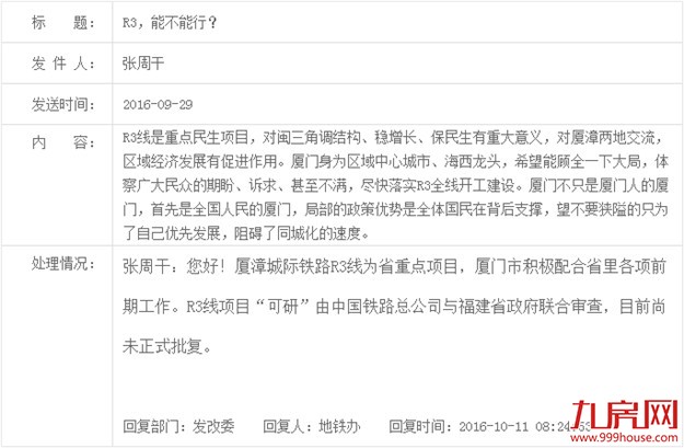 厦门发改委：厦漳城轨R3线可研报告已审查 但尚未批复——九房网