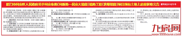 同安东路建设需要 征收洪塘镇范围内部分国有土地——九房网