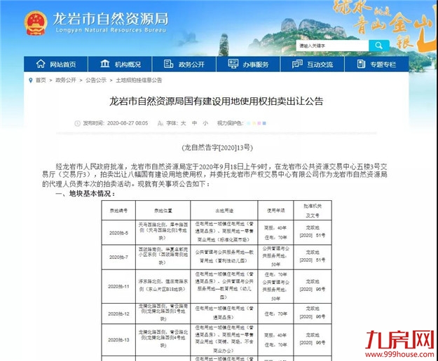重磅！首次开启土拍限价！最高1.65万/㎡！9月18日，龙岩7幅宅地出让！——九房网