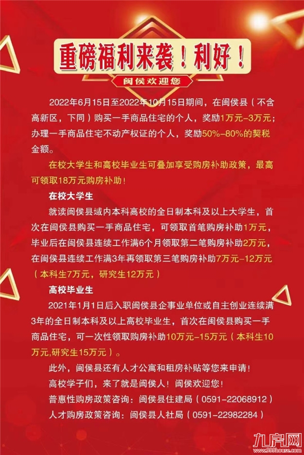 重磅利好！最高可领18万元！闽侯再推购房补贴政策！——九房网